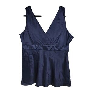 INC International Concepts Navy Blue‎ 100% Silk Wrap V-Neck Peplum Top Size 14